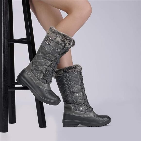 Women's DP Warm Faux Fur Lined Mid Calf Winter Snow Boots - Picture 4 of 7